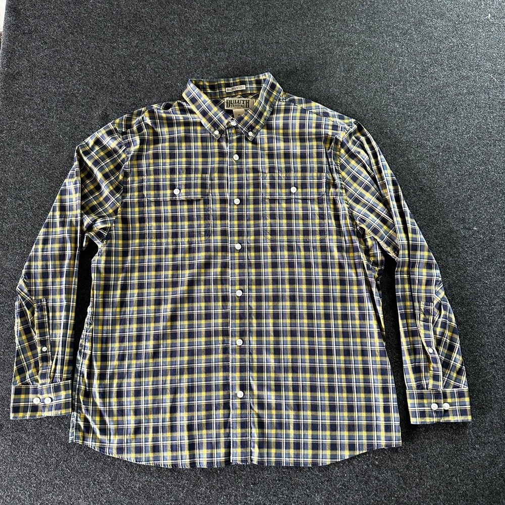 Duluth Trading Co Untucked Plaid Shirt Mens XL Navy Yellow Long Sleeve Button Up